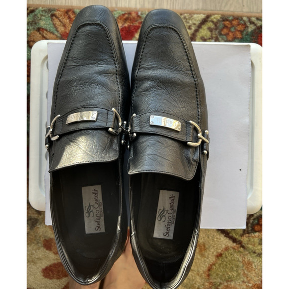 Stefano Castelli Men's  black Leather Loafers Shoes  EU 44  steel  buckle Italy - Picture 1 of 13